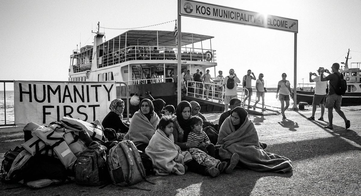 Flüchtlinge und Urlauber in Griechenland